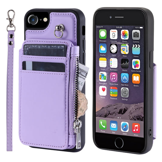 009 Cell Phone Back Case for iPhone 6 / 6s / 7 / 8 / SE (2020) / SE (2022) , RFID Blocking PU+TPU Cover Kickstand Zipper Wallet Shell with Strap