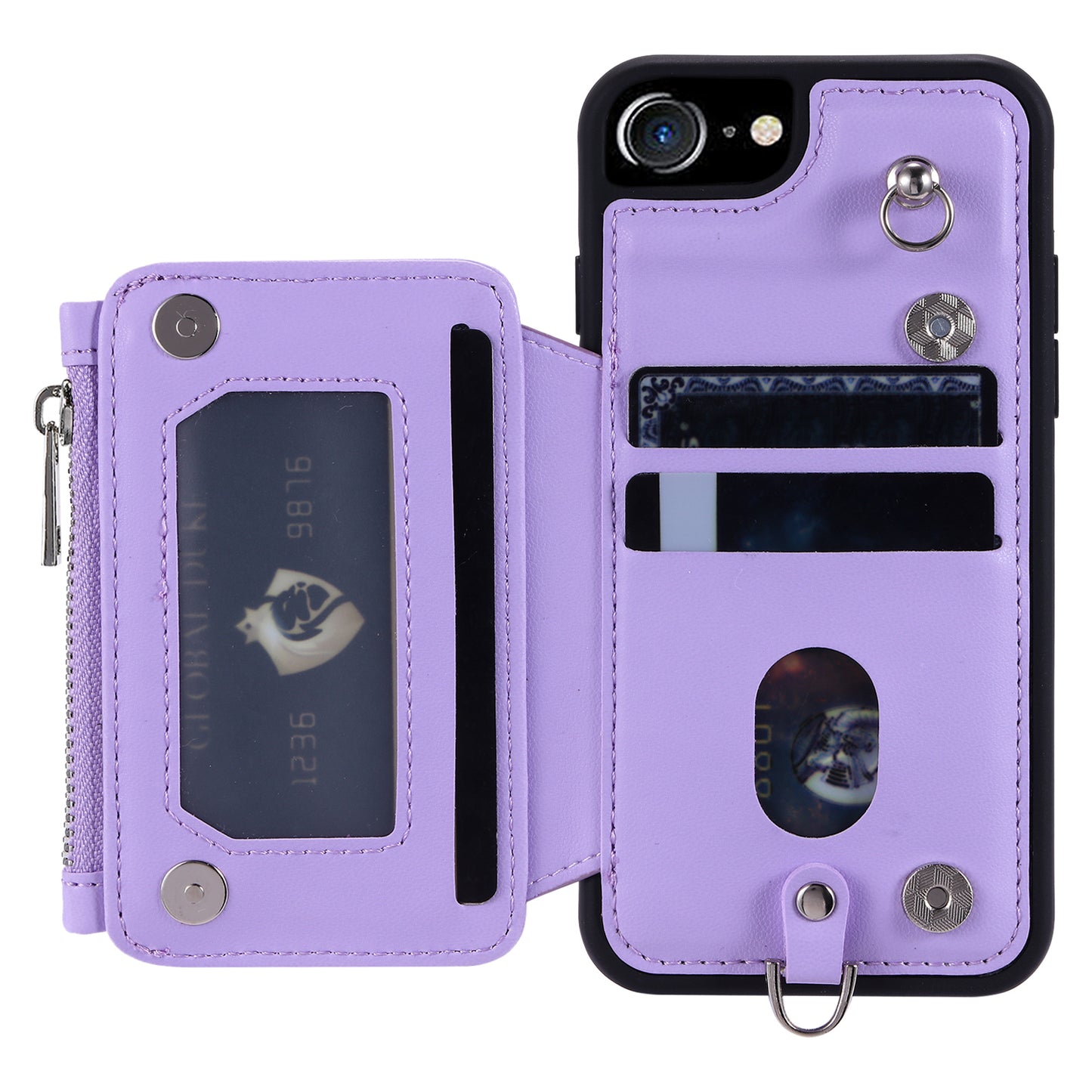 009 Cell Phone Back Case for iPhone 6 / 6s / 7 / 8 / SE (2020) / SE (2022) , RFID Blocking PU+TPU Cover Kickstand Zipper Wallet Shell with Strap