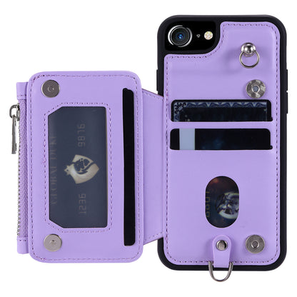 009 Cell Phone Back Case for iPhone 6 / 6s / 7 / 8 / SE (2020) / SE (2022) , RFID Blocking PU+TPU Cover Kickstand Zipper Wallet Shell with Strap