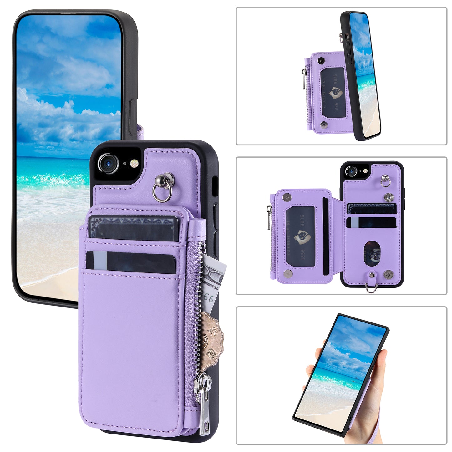 009 Cell Phone Back Case for iPhone 6 / 6s / 7 / 8 / SE (2020) / SE (2022) , RFID Blocking PU+TPU Cover Kickstand Zipper Wallet Shell with Strap