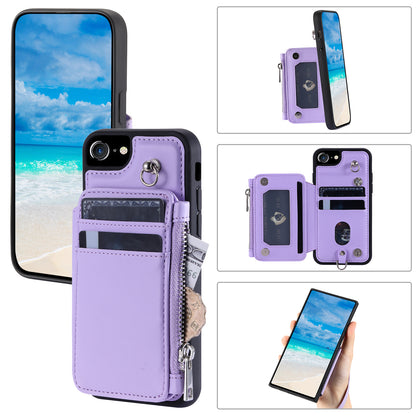 009 Cell Phone Back Case for iPhone 6 / 6s / 7 / 8 / SE (2020) / SE (2022) , RFID Blocking PU+TPU Cover Kickstand Zipper Wallet Shell with Strap