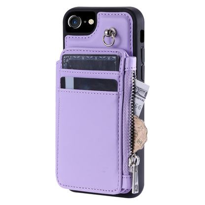 009 Cell Phone Back Case for iPhone 6 / 6s / 7 / 8 / SE (2020) / SE (2022) , RFID Blocking PU+TPU Cover Kickstand Zipper Wallet Shell with Strap