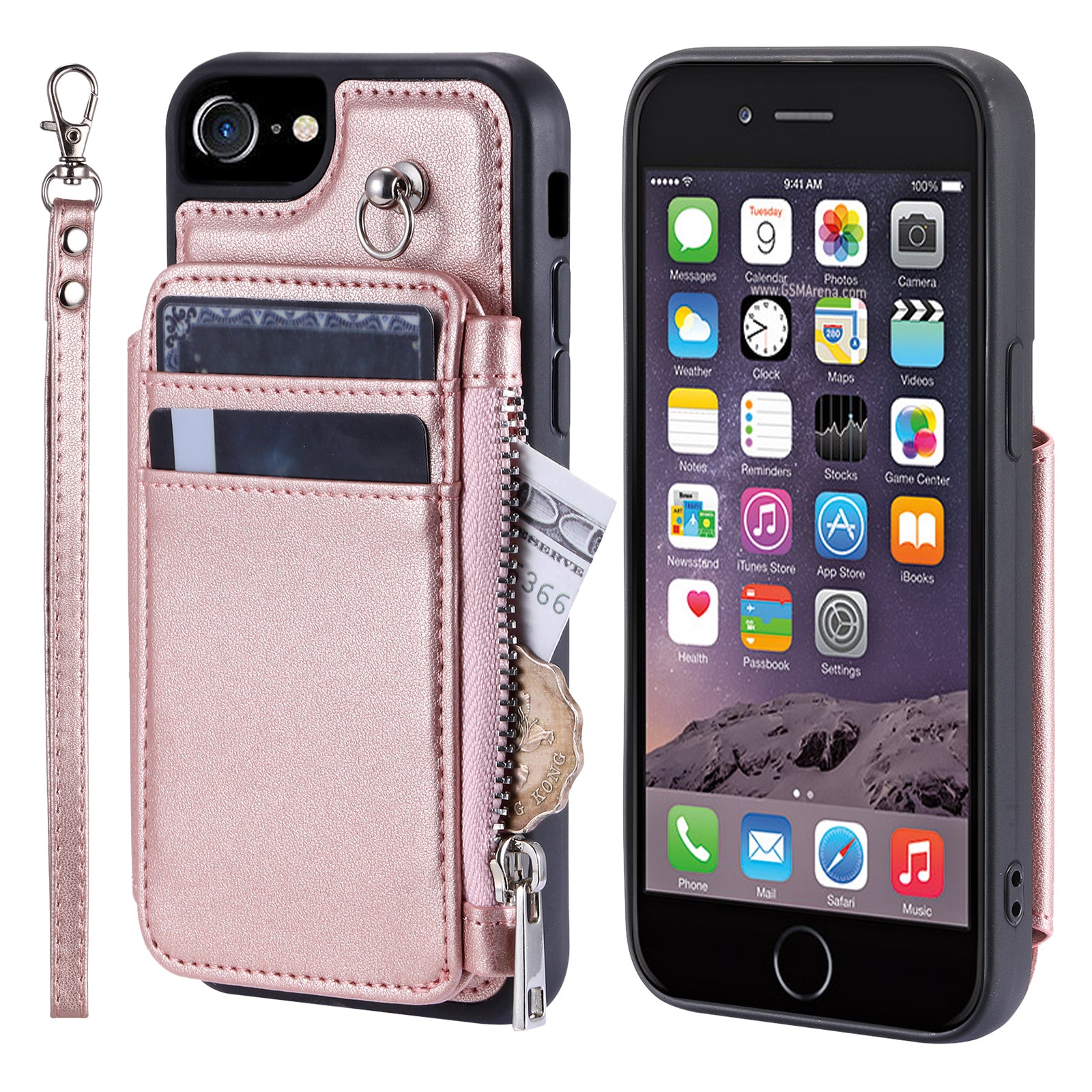 009 Cell Phone Back Case for iPhone 6 / 6s / 7 / 8 / SE (2020) / SE (2022) , RFID Blocking PU+TPU Cover Kickstand Zipper Wallet Shell with Strap