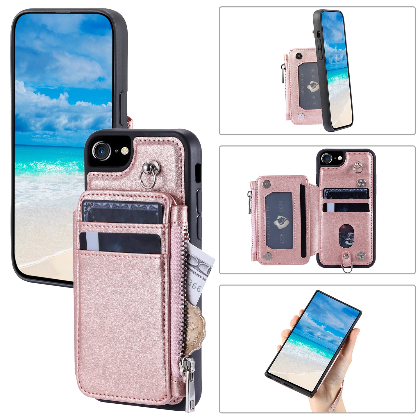 009 Cell Phone Back Case for iPhone 6 / 6s / 7 / 8 / SE (2020) / SE (2022) , RFID Blocking PU+TPU Cover Kickstand Zipper Wallet Shell with Strap