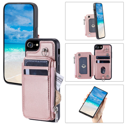 009 Cell Phone Back Case for iPhone 6 / 6s / 7 / 8 / SE (2020) / SE (2022) , RFID Blocking PU+TPU Cover Kickstand Zipper Wallet Shell with Strap