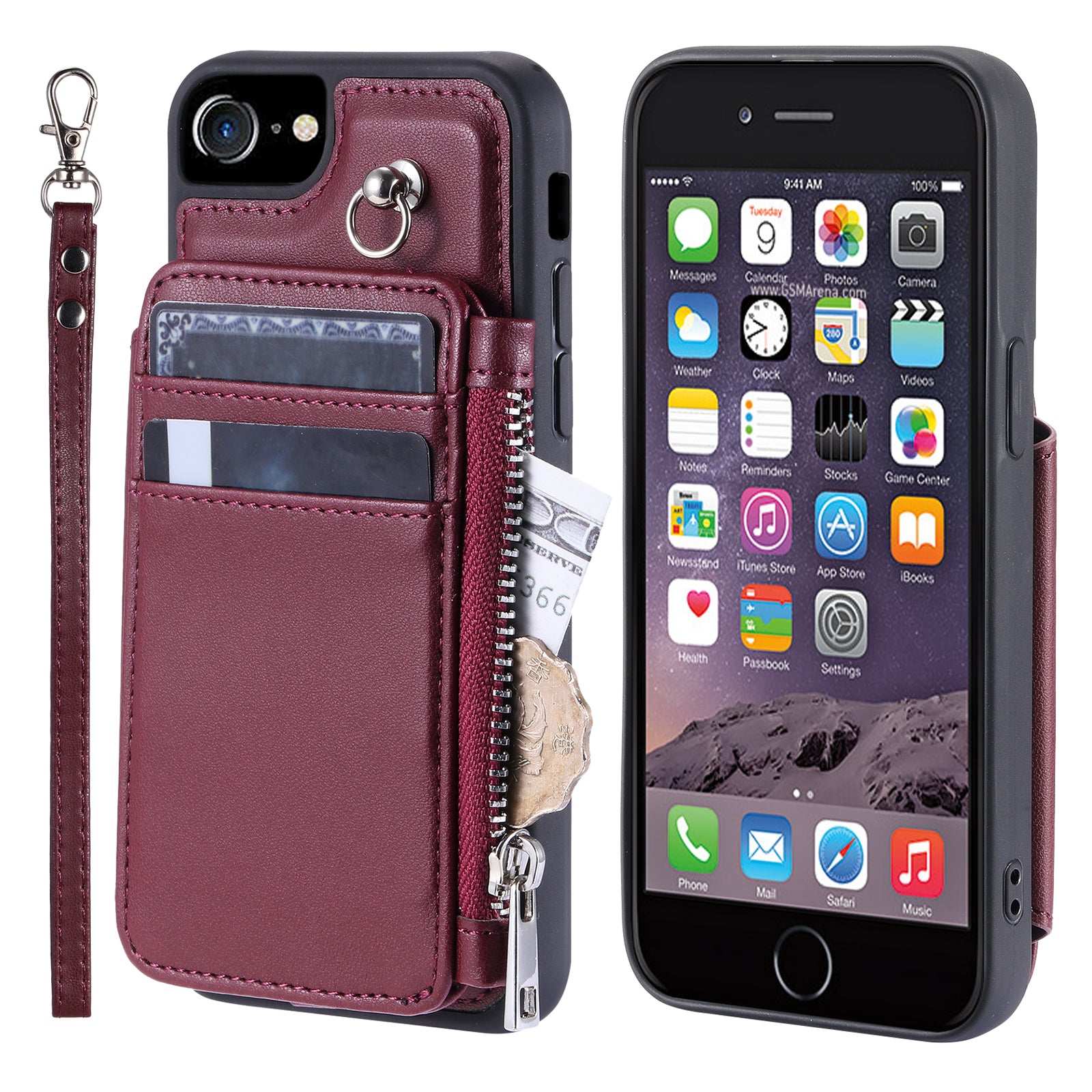 009 Cell Phone Back Case for iPhone 6 / 6s / 7 / 8 / SE (2020) / SE (2022) , RFID Blocking PU+TPU Cover Kickstand Zipper Wallet Shell with Strap