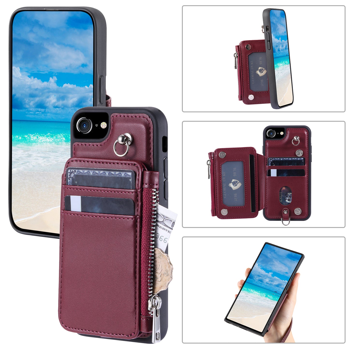 009 Cell Phone Back Case for iPhone 6 / 6s / 7 / 8 / SE (2020) / SE (2022) , RFID Blocking PU+TPU Cover Kickstand Zipper Wallet Shell with Strap