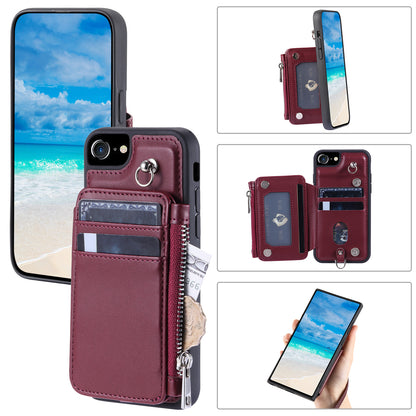 009 Cell Phone Back Case for iPhone 6 / 6s / 7 / 8 / SE (2020) / SE (2022) , RFID Blocking PU+TPU Cover Kickstand Zipper Wallet Shell with Strap