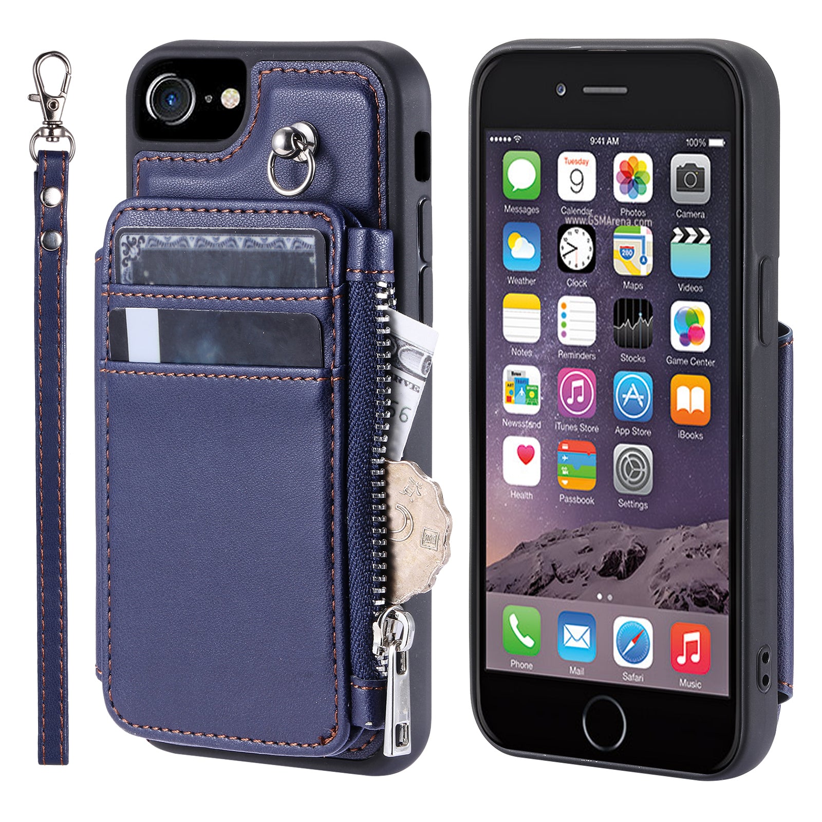 009 Cell Phone Back Case for iPhone 6 / 6s / 7 / 8 / SE (2020) / SE (2022) , RFID Blocking PU+TPU Cover Kickstand Zipper Wallet Shell with Strap