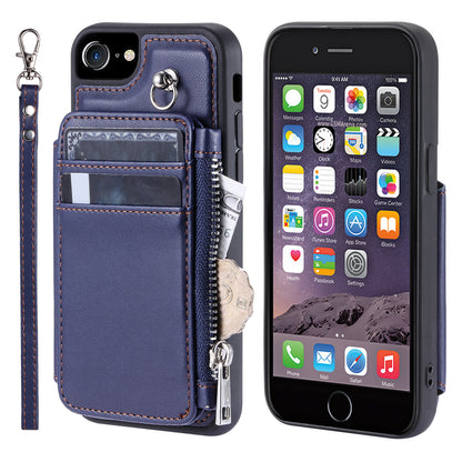 009 Cell Phone Back Case for iPhone 6 / 6s / 7 / 8 / SE (2020) / SE (2022) , RFID Blocking PU+TPU Cover Kickstand Zipper Wallet Shell with Strap
