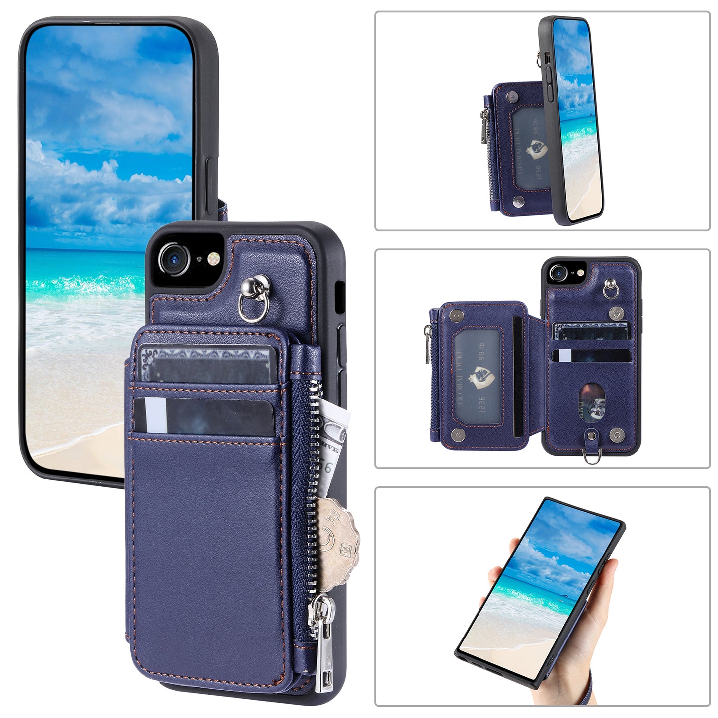 009 Cell Phone Back Case for iPhone 6 / 6s / 7 / 8 / SE (2020) / SE (2022) , RFID Blocking PU+TPU Cover Kickstand Zipper Wallet Shell with Strap