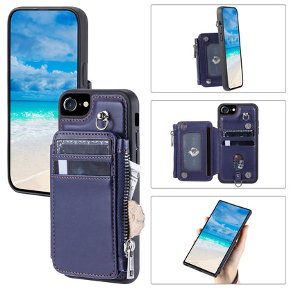 009 Cell Phone Back Case for iPhone 6 / 6s / 7 / 8 / SE (2020) / SE (2022) , RFID Blocking PU+TPU Cover Kickstand Zipper Wallet Shell with Strap