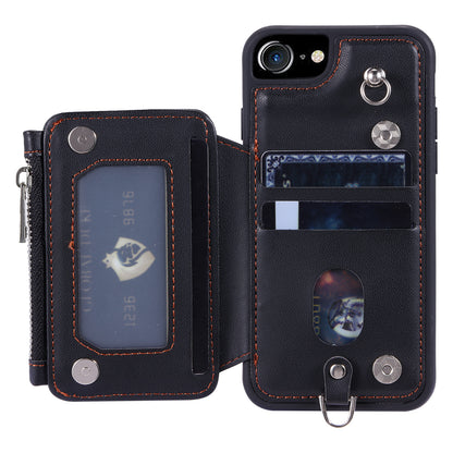 009 For iPhone 6 / 6s / 7 / 8 / SE (2020) / SE (2022) Back Shell RFID Blocking Zipper Wallet Case PU Leather+TPU Kickstand Phone Cover with Straps