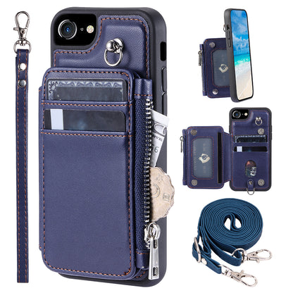 009 For iPhone 6 / 6s / 7 / 8 / SE (2020) / SE (2022) Back Shell RFID Blocking Zipper Wallet Case PU Leather+TPU Kickstand Phone Cover with Straps