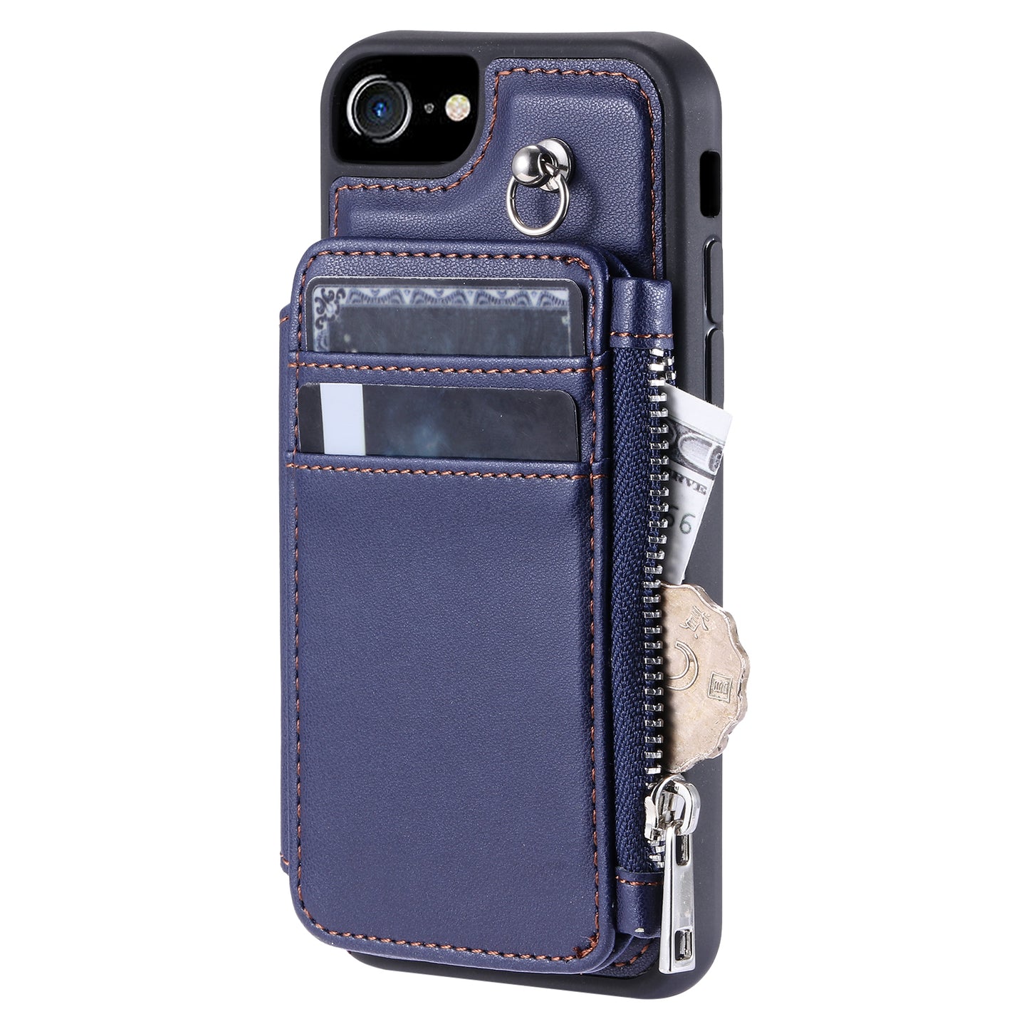 009 For iPhone 6 / 6s / 7 / 8 / SE (2020) / SE (2022) Back Shell RFID Blocking Zipper Wallet Case PU Leather+TPU Kickstand Phone Cover with Straps