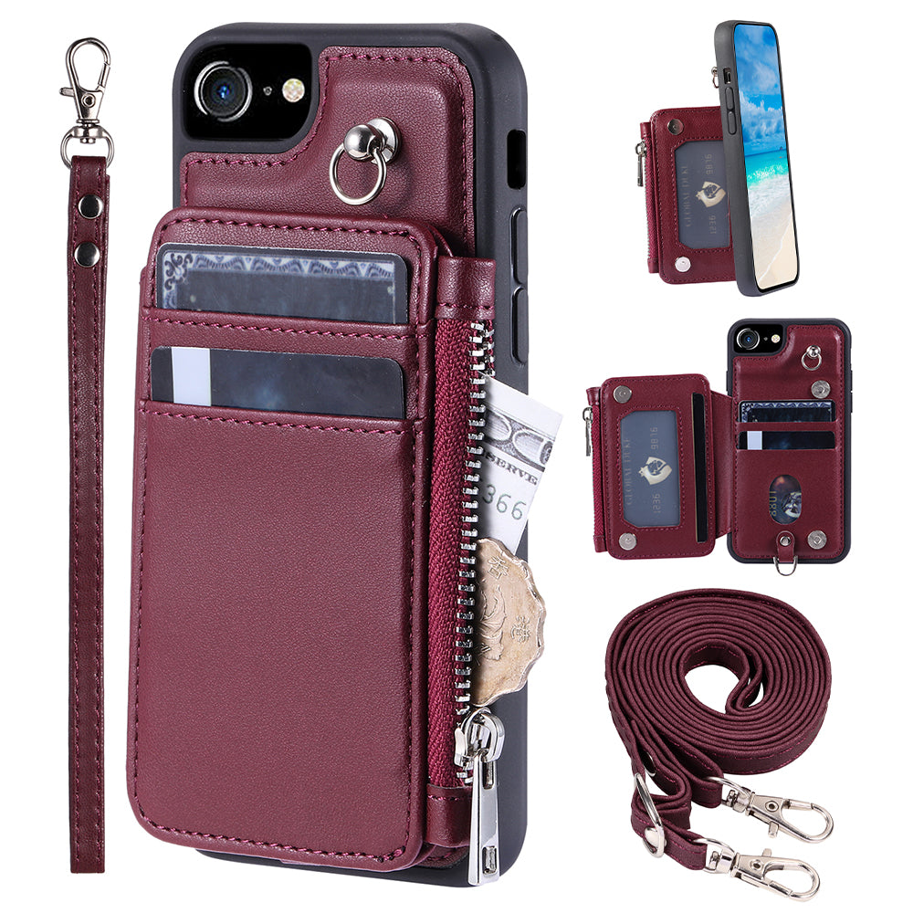 009 For iPhone 6 / 6s / 7 / 8 / SE (2020) / SE (2022) Back Shell RFID Blocking Zipper Wallet Case PU Leather+TPU Kickstand Phone Cover with Straps