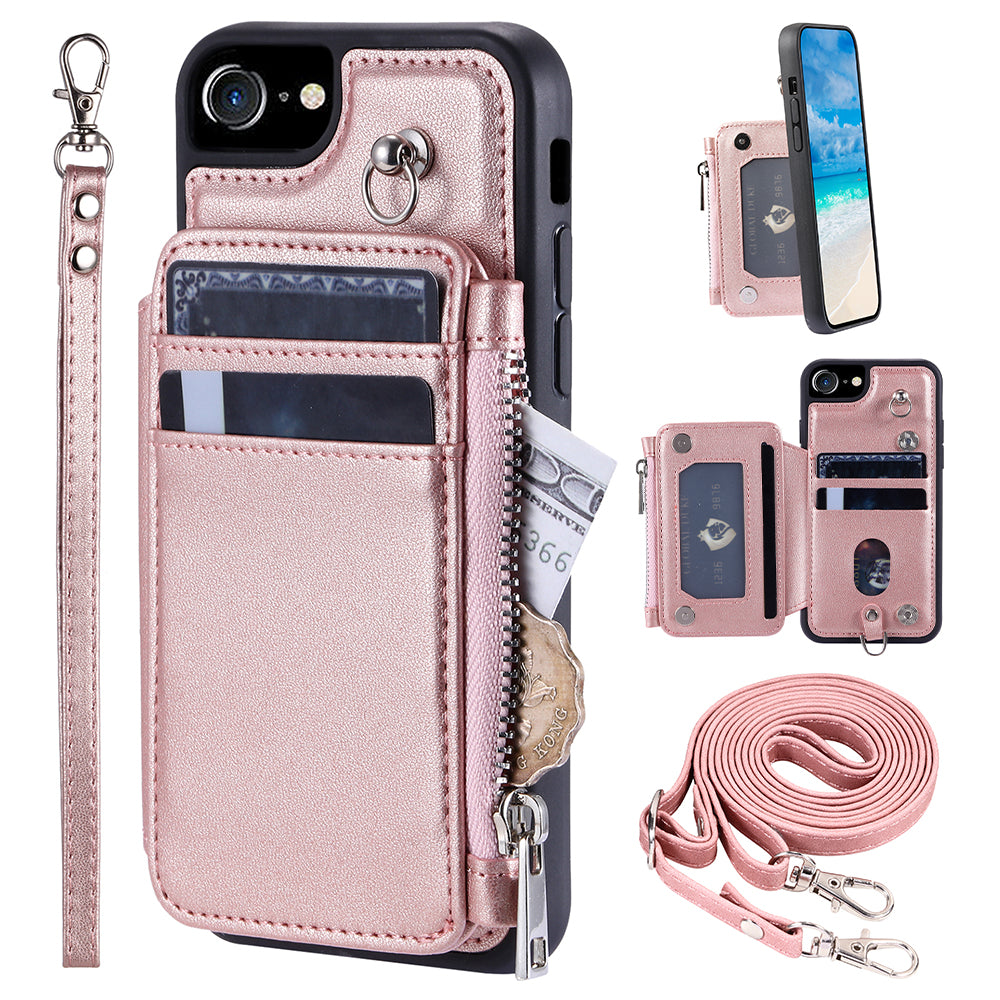 009 For iPhone 6 / 6s / 7 / 8 / SE (2020) / SE (2022) Back Shell RFID Blocking Zipper Wallet Case PU Leather+TPU Kickstand Phone Cover with Straps