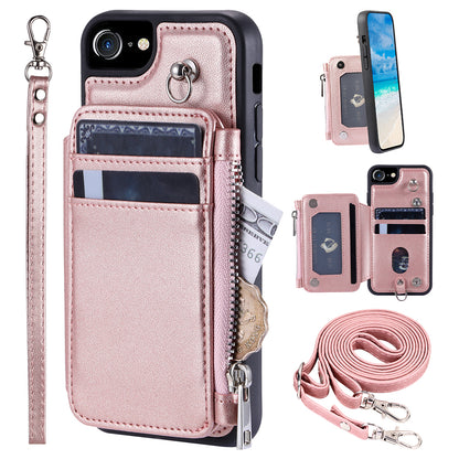 009 For iPhone 6 / 6s / 7 / 8 / SE (2020) / SE (2022) Back Shell RFID Blocking Zipper Wallet Case PU Leather+TPU Kickstand Phone Cover with Straps