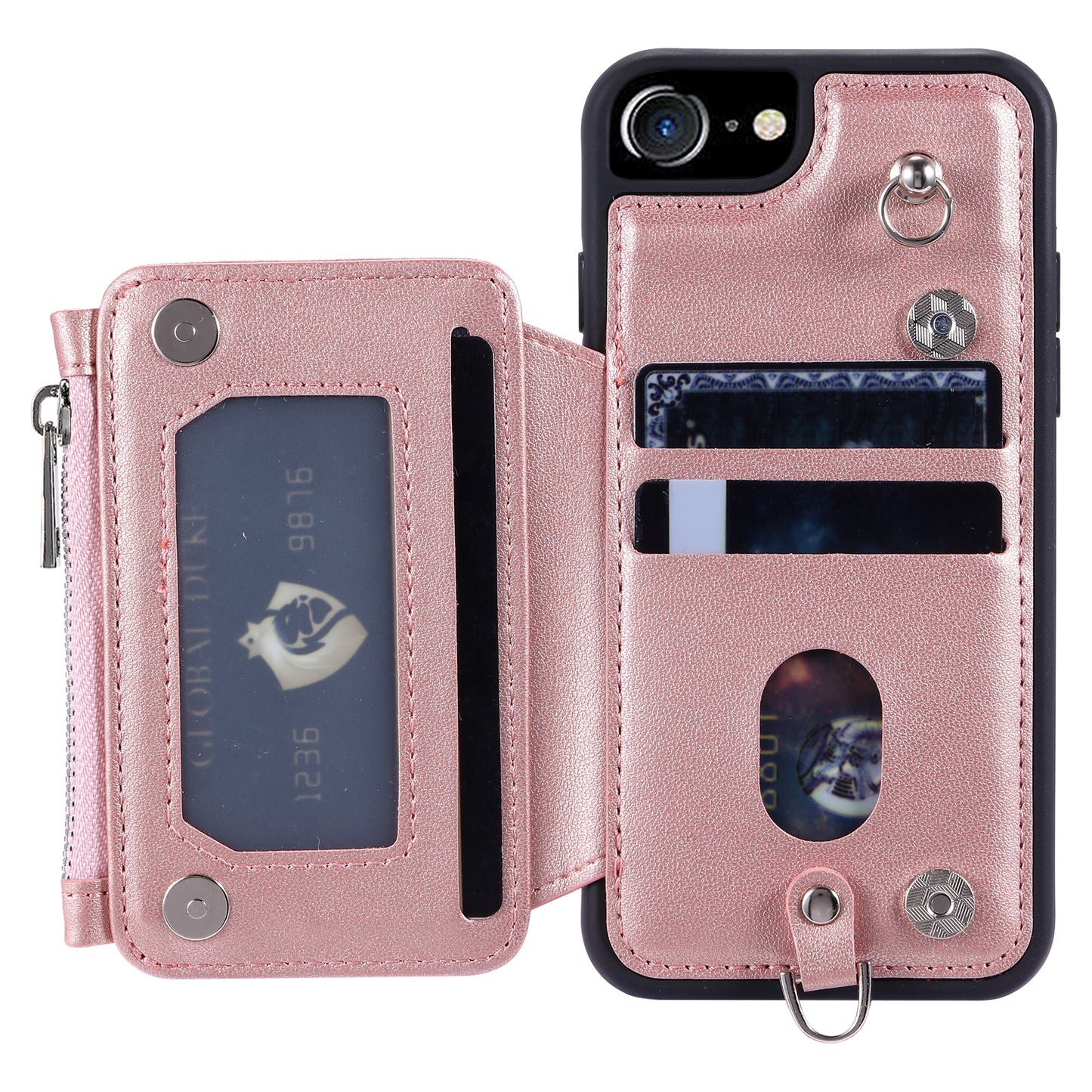 009 For iPhone 6 / 6s / 7 / 8 / SE (2020) / SE (2022) Back Shell RFID Blocking Zipper Wallet Case PU Leather+TPU Kickstand Phone Cover with Straps