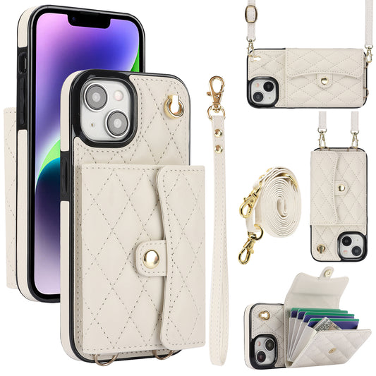 026 For iPhone 15 RFID Blocking Card Slots Phone Case PU Leather+TPU Kickstand Cover with Wrist and Shoulder Straps