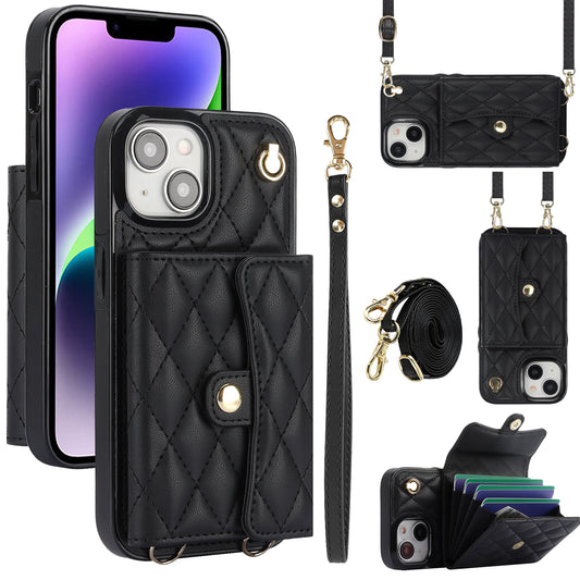 026 For iPhone 15 RFID Blocking Card Slots Phone Case PU Leather+TPU Kickstand Cover with Wrist and Shoulder Straps