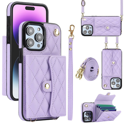026 For iPhone 15 Pro RFID Blocking Card Holder Phone Case PU Leather+TPU Kickstand Cover with 2 Straps