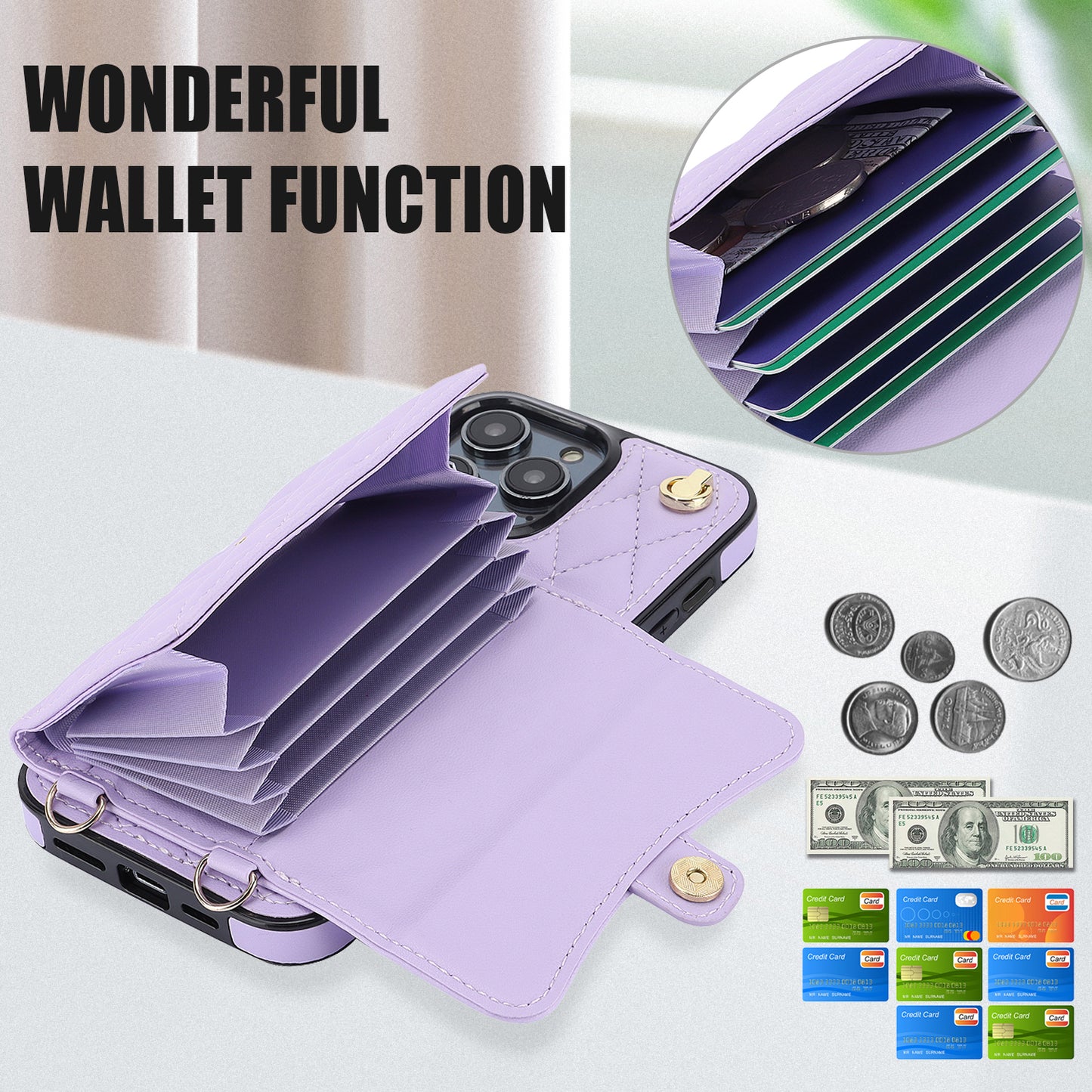 026 For iPhone 15 Pro RFID Blocking Card Holder Phone Case PU Leather+TPU Kickstand Cover with 2 Straps