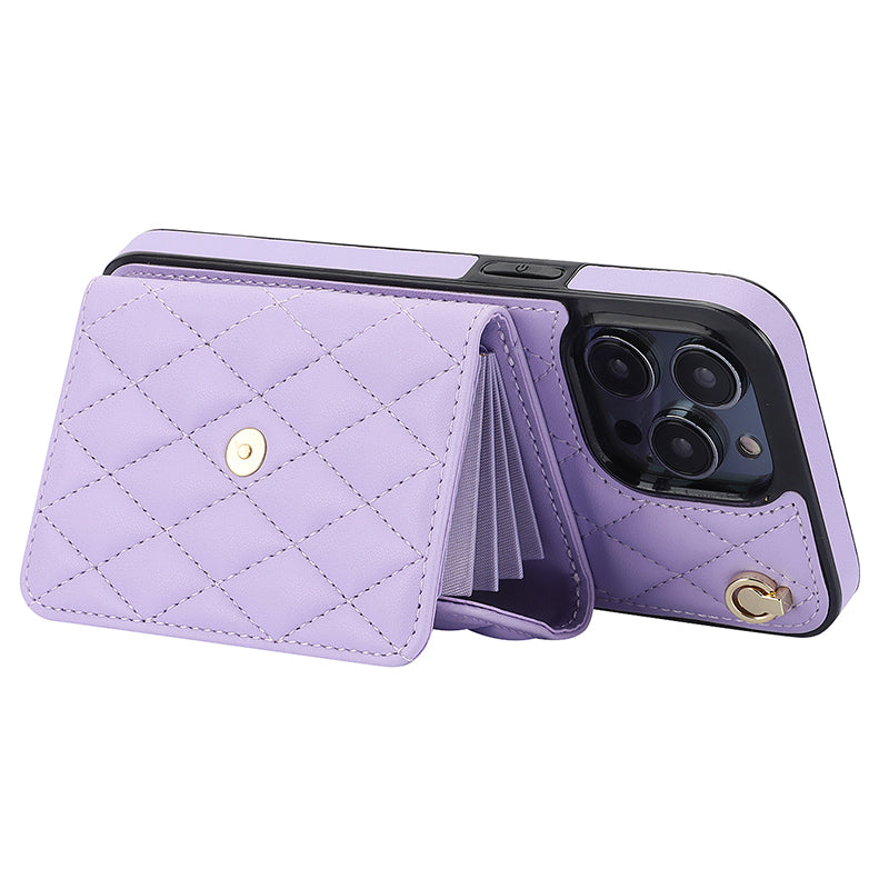 026 For iPhone 15 Pro RFID Blocking Card Holder Phone Case PU Leather+TPU Kickstand Cover with 2 Straps