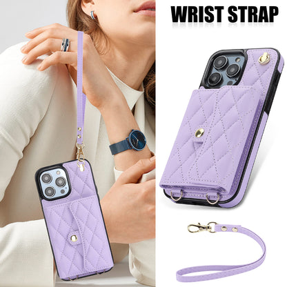 026 For iPhone 15 Pro RFID Blocking Card Holder Phone Case PU Leather+TPU Kickstand Cover with 2 Straps