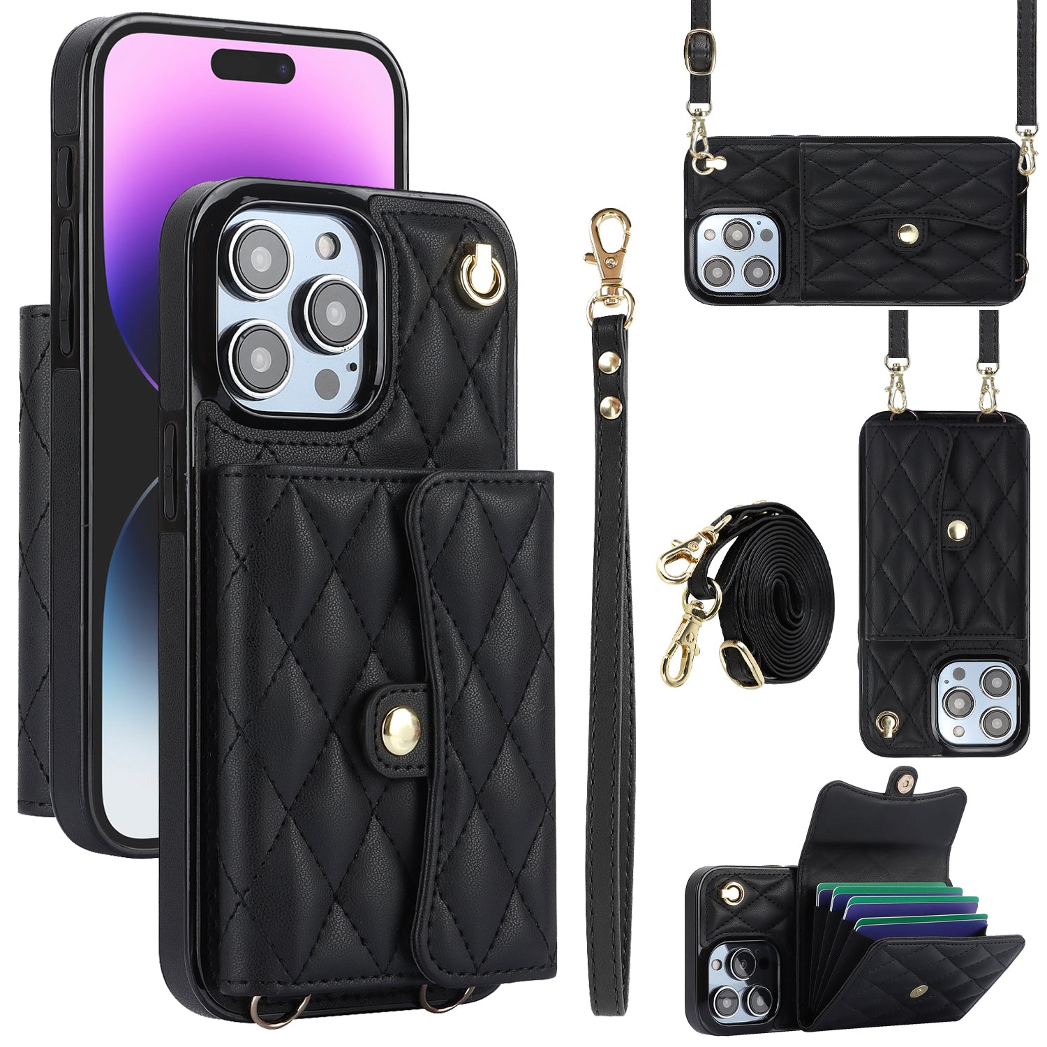 026 For iPhone 15 Pro RFID Blocking Card Holder Phone Case PU Leather+TPU Kickstand Cover with 2 Straps