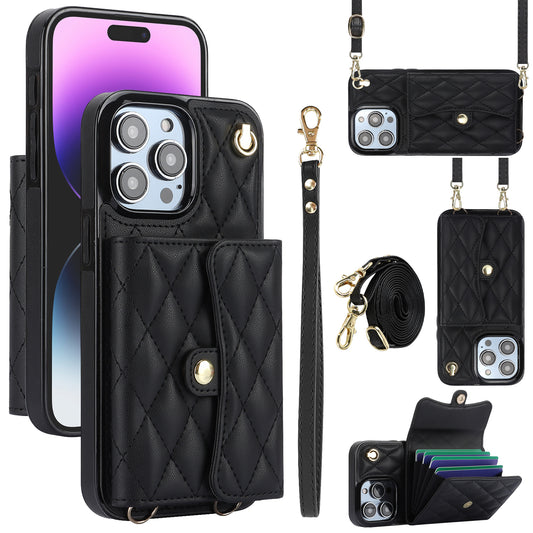026 For iPhone 15 Pro RFID Blocking Card Holder Phone Case PU Leather+TPU Kickstand Cover with 2 Straps