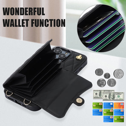026 For iPhone 15 Pro RFID Blocking Card Holder Phone Case PU Leather+TPU Kickstand Cover with 2 Straps
