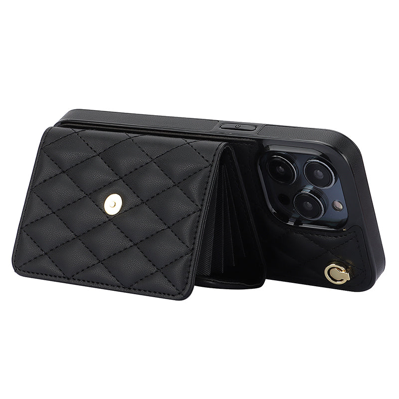 026 For iPhone 15 Pro RFID Blocking Card Holder Phone Case PU Leather+TPU Kickstand Cover with 2 Straps