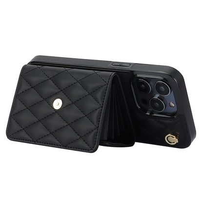 026 For iPhone 15 Pro RFID Blocking Card Holder Phone Case PU Leather+TPU Kickstand Cover with 2 Straps