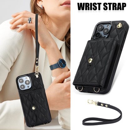 026 For iPhone 15 Pro RFID Blocking Card Holder Phone Case PU Leather+TPU Kickstand Cover with 2 Straps