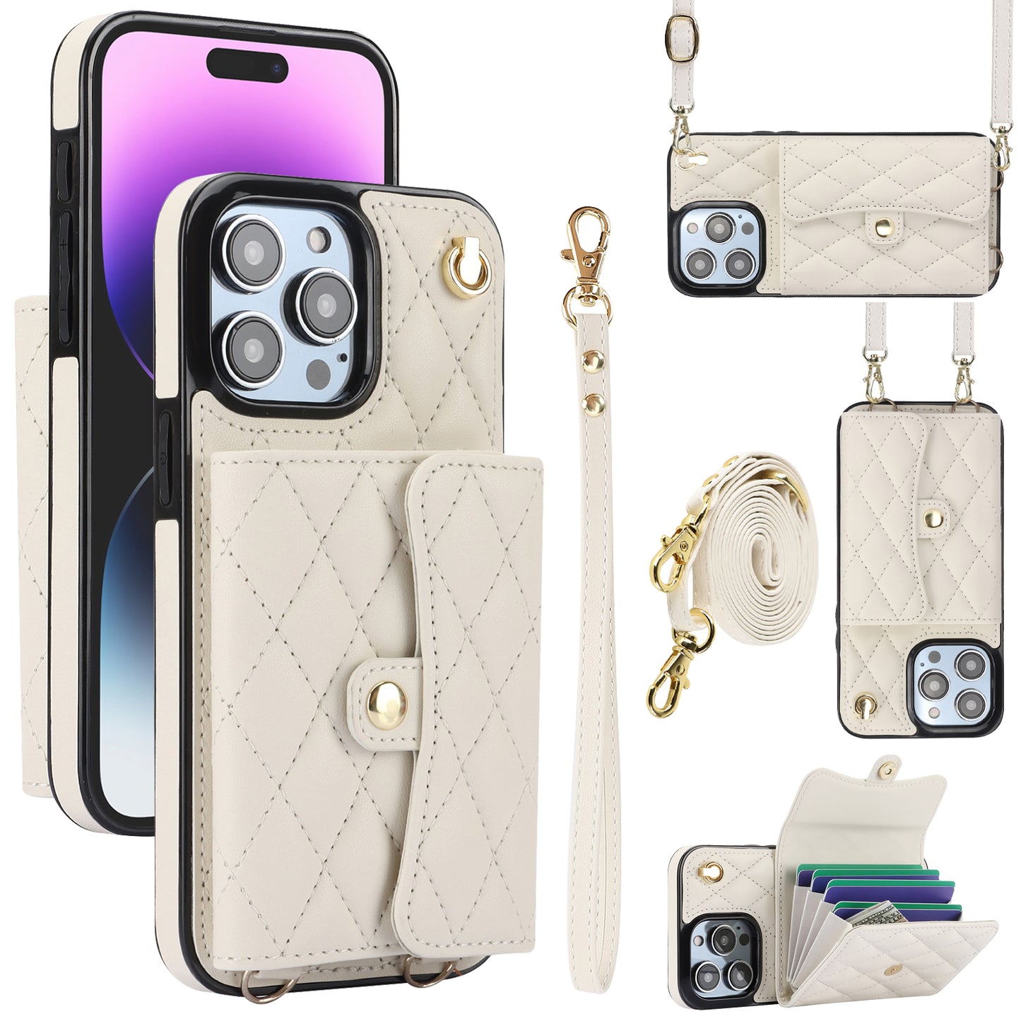 026 For iPhone 15 Pro RFID Blocking Card Holder Phone Case PU Leather+TPU Kickstand Cover with 2 Straps