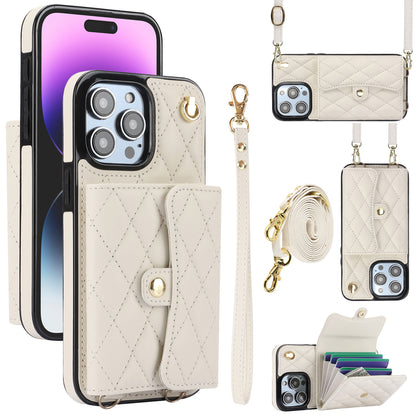 026 For iPhone 15 Pro RFID Blocking Card Holder Phone Case PU Leather+TPU Kickstand Cover with 2 Straps