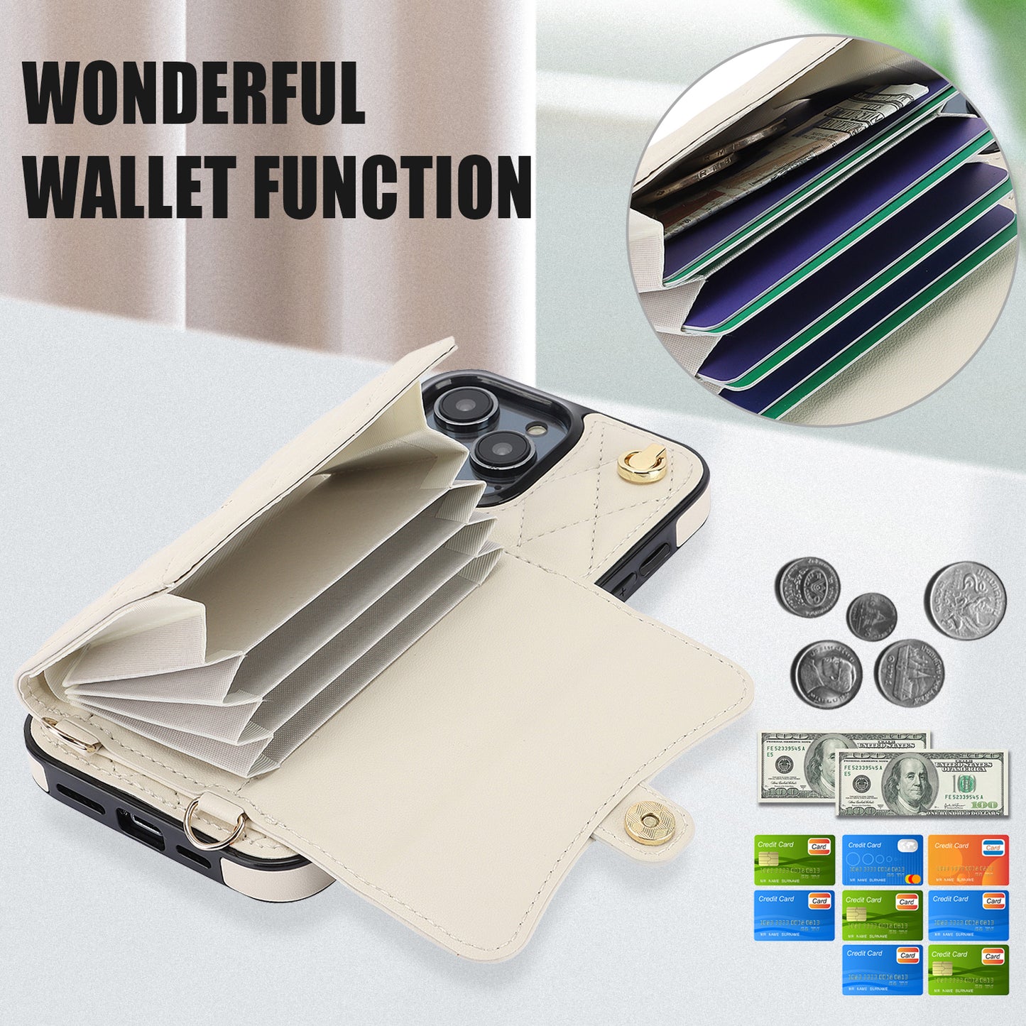 026 For iPhone 15 Pro RFID Blocking Card Holder Phone Case PU Leather+TPU Kickstand Cover with 2 Straps