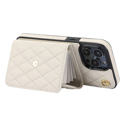 026 For iPhone 15 Pro RFID Blocking Card Holder Phone Case PU Leather+TPU Kickstand Cover with 2 Straps