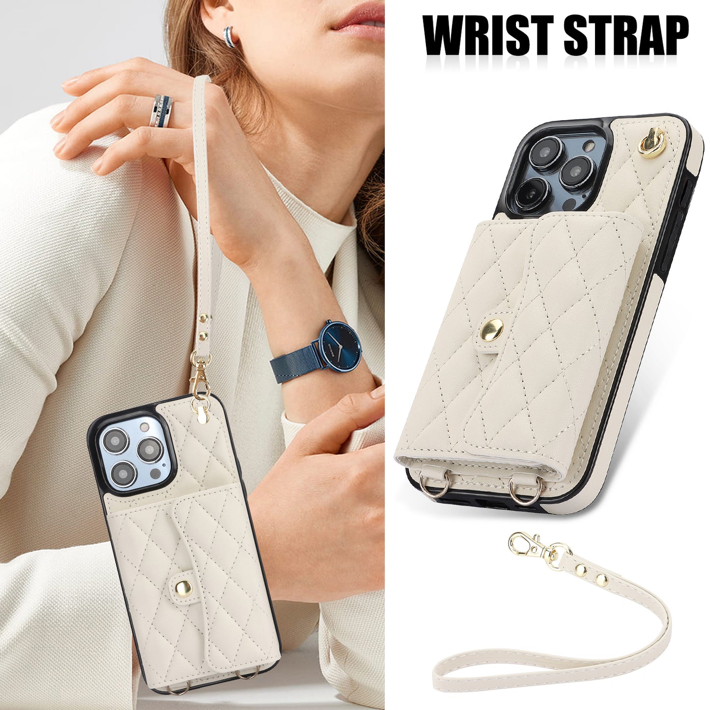 026 For iPhone 15 Pro RFID Blocking Card Holder Phone Case PU Leather+TPU Kickstand Cover with 2 Straps
