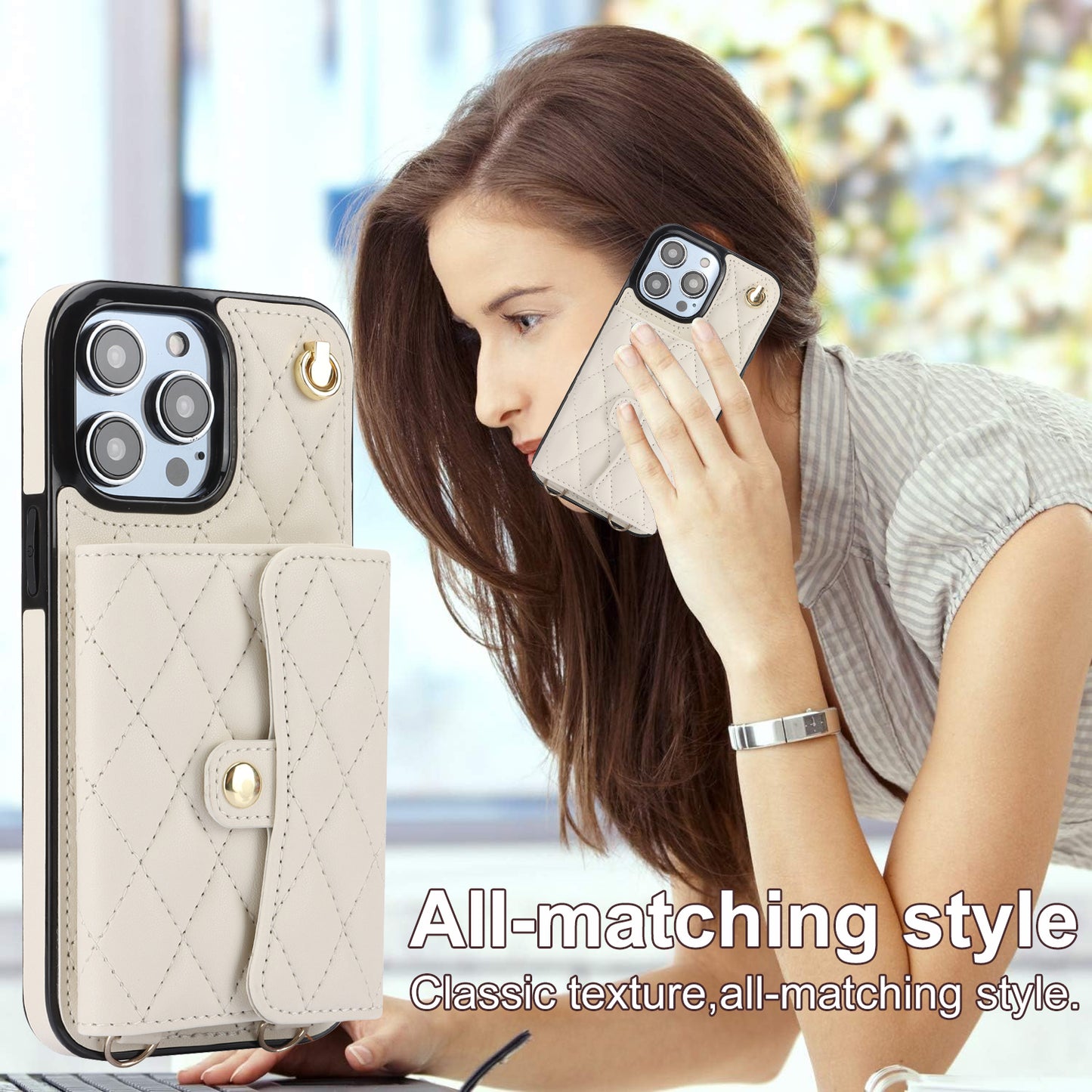 026 For iPhone 15 Pro RFID Blocking Card Holder Phone Case PU Leather+TPU Kickstand Cover with 2 Straps