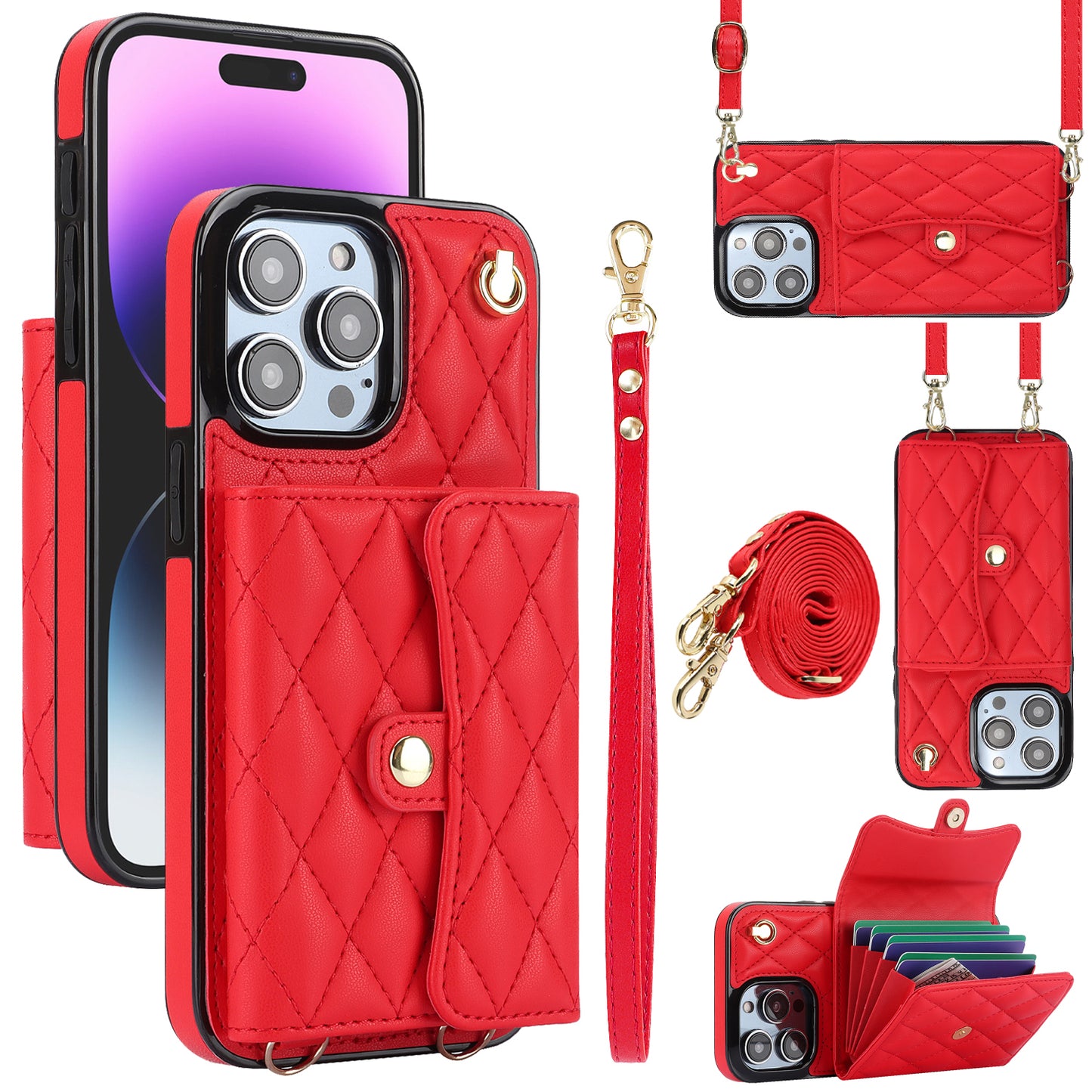 026 For iPhone 15 Pro RFID Blocking Card Holder Phone Case PU Leather+TPU Kickstand Cover with 2 Straps