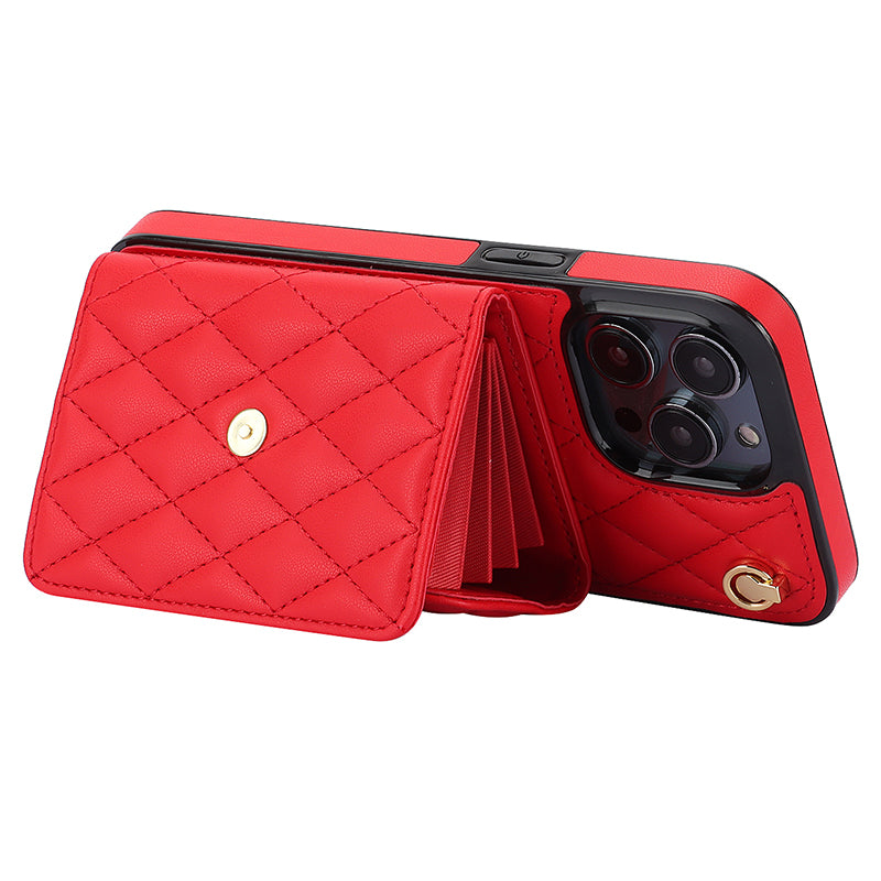 026 For iPhone 15 Pro RFID Blocking Card Holder Phone Case PU Leather+TPU Kickstand Cover with 2 Straps