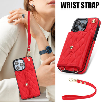 026 For iPhone 15 Pro RFID Blocking Card Holder Phone Case PU Leather+TPU Kickstand Cover with 2 Straps
