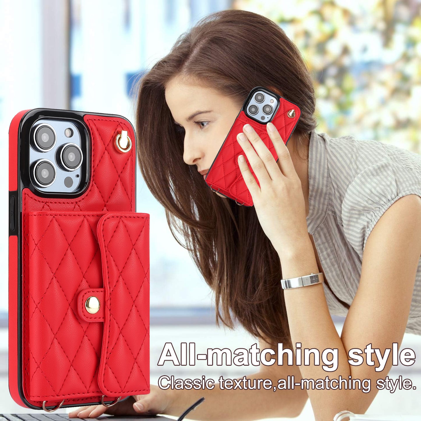 026 For iPhone 15 Pro RFID Blocking Card Holder Phone Case PU Leather+TPU Kickstand Cover with 2 Straps