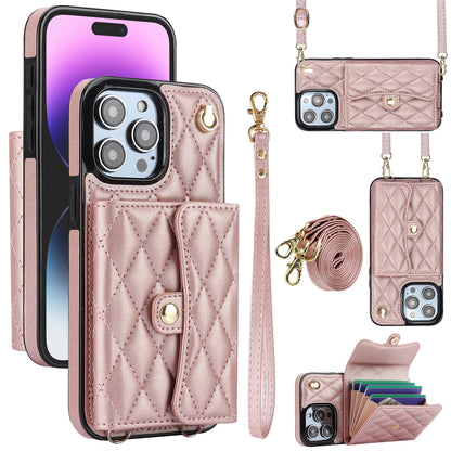 026 For iPhone 15 Pro RFID Blocking Card Holder Phone Case PU Leather+TPU Kickstand Cover with 2 Straps