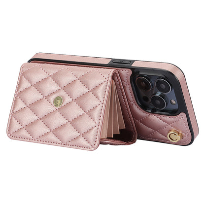 026 For iPhone 15 Pro RFID Blocking Card Holder Phone Case PU Leather+TPU Kickstand Cover with 2 Straps