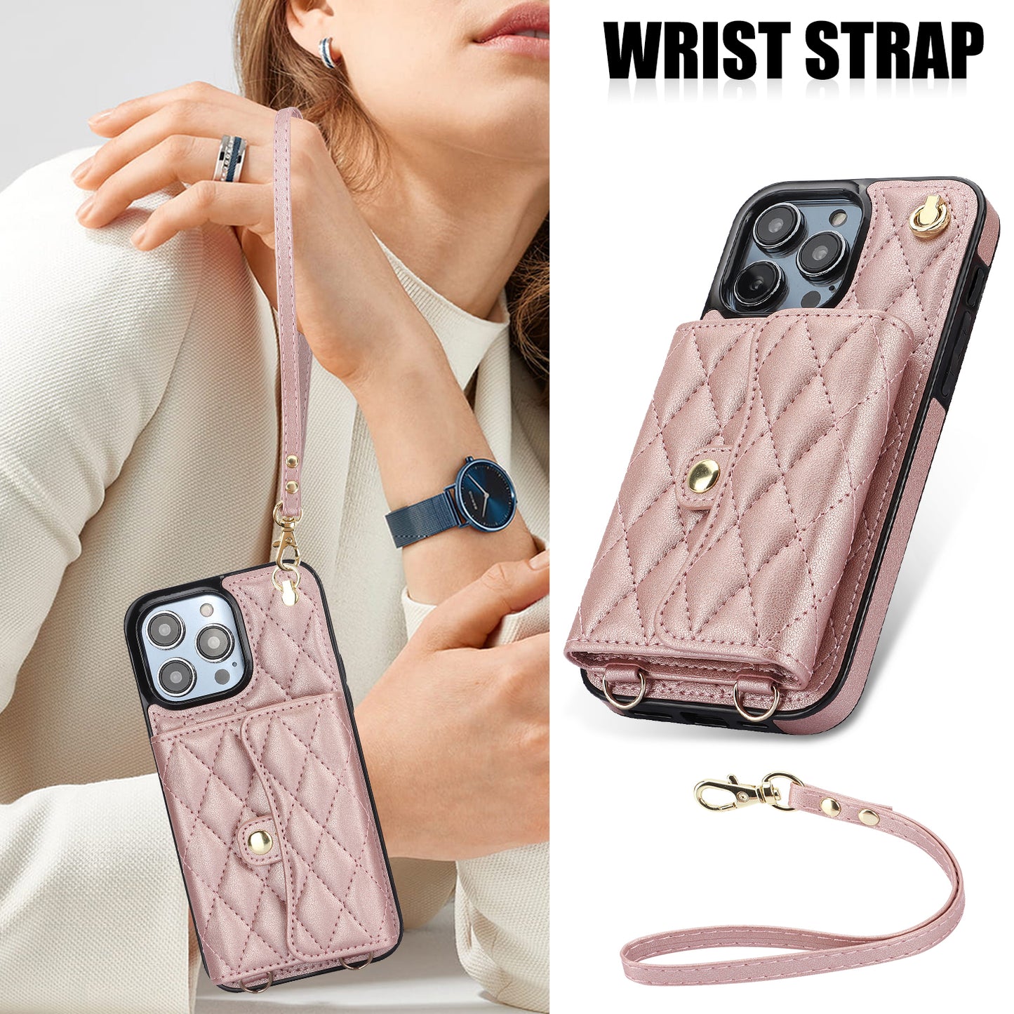 026 For iPhone 15 Pro RFID Blocking Card Holder Phone Case PU Leather+TPU Kickstand Cover with 2 Straps