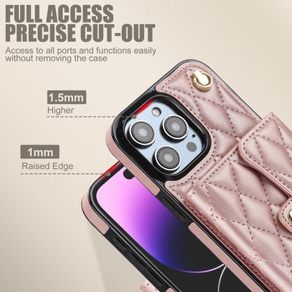 026 For iPhone 15 Pro RFID Blocking Card Holder Phone Case PU Leather+TPU Kickstand Cover with 2 Straps