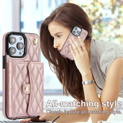 026 For iPhone 15 Pro RFID Blocking Card Holder Phone Case PU Leather+TPU Kickstand Cover with 2 Straps